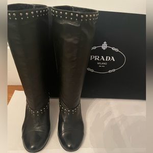 Prada Black Heeled Boots with Silver Studs